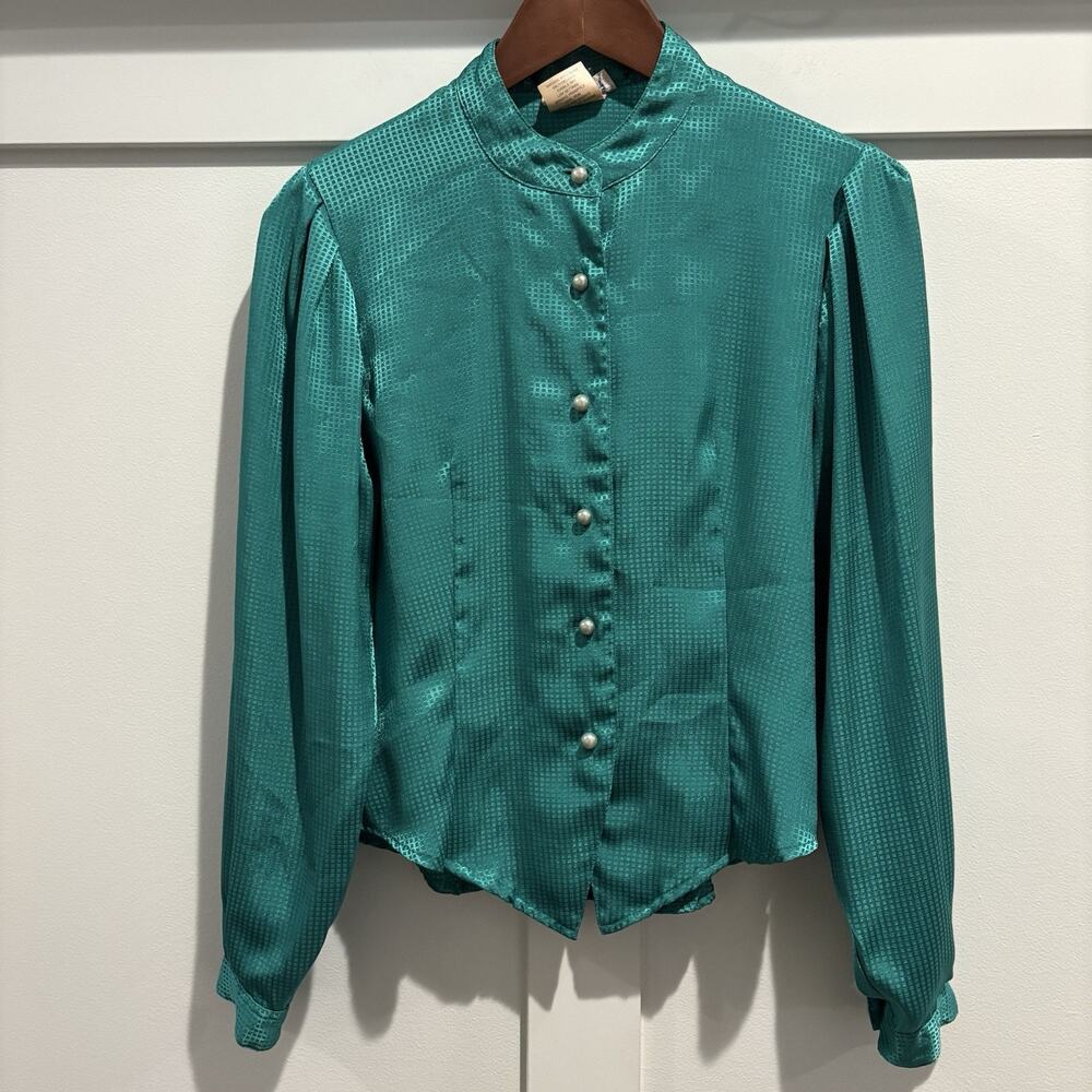 Vintage College Town‎ Blouse Women Sz 9/10 Jade Green Retro 80s Made In Japan